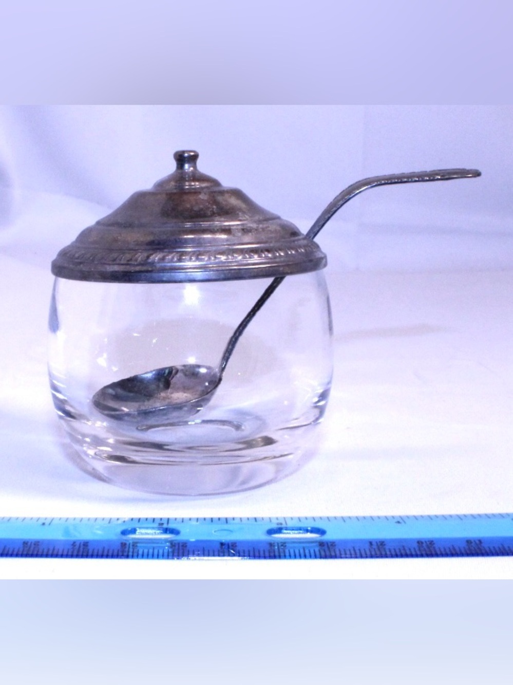 Antique Silver Plate and Glass Condiment Jar with Silver Plated Spoon